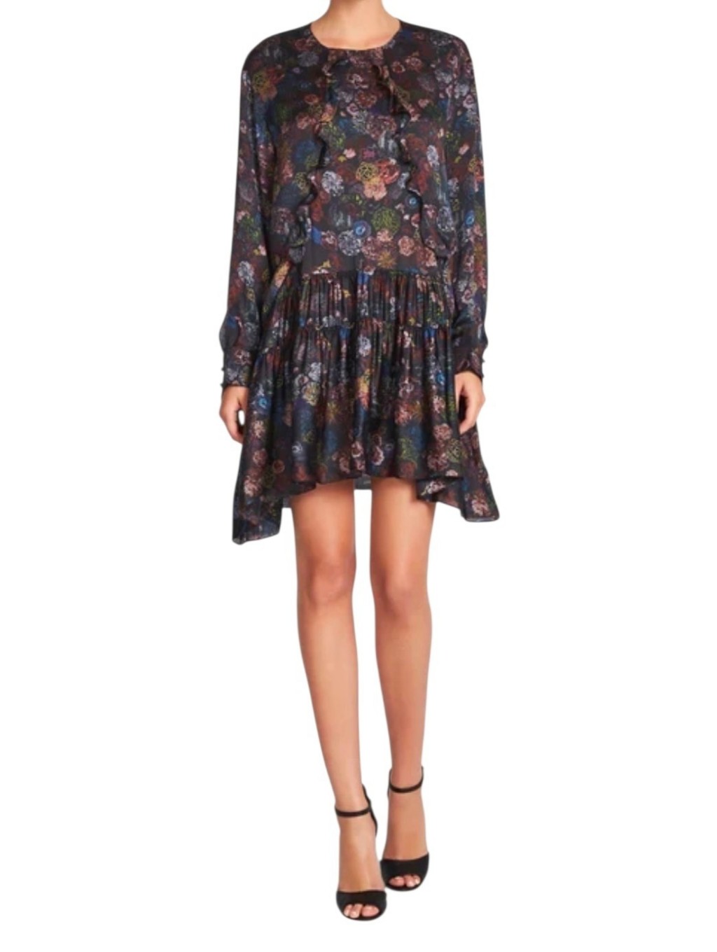 Iro Ciamo Dress Dark Floral Print Sheer Boho Ruffle Detailing Size 40/ 8